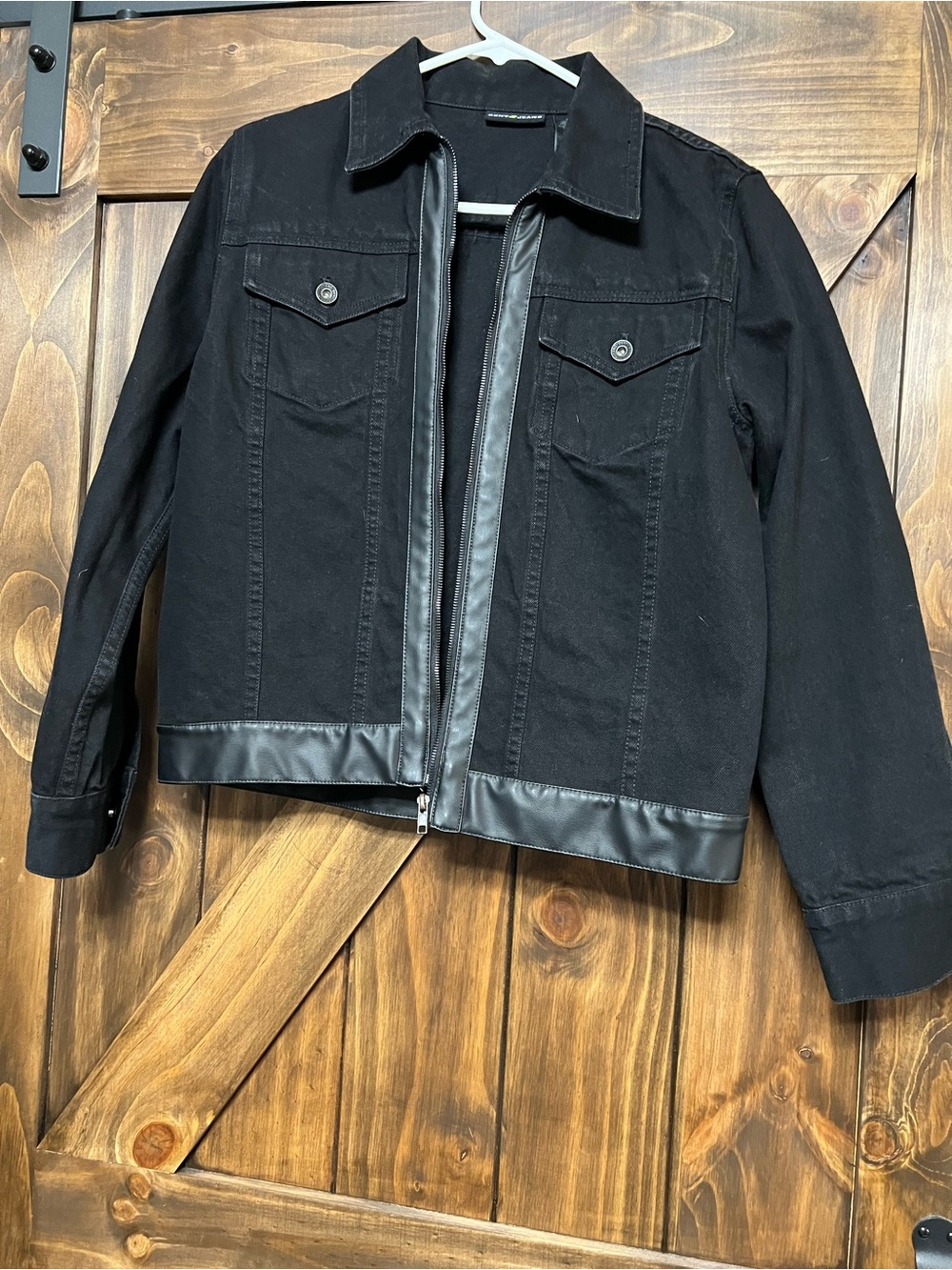 DKNY Jeans Black Zip-Up Denim Jacket with Faux Leather Trim Trim Size M